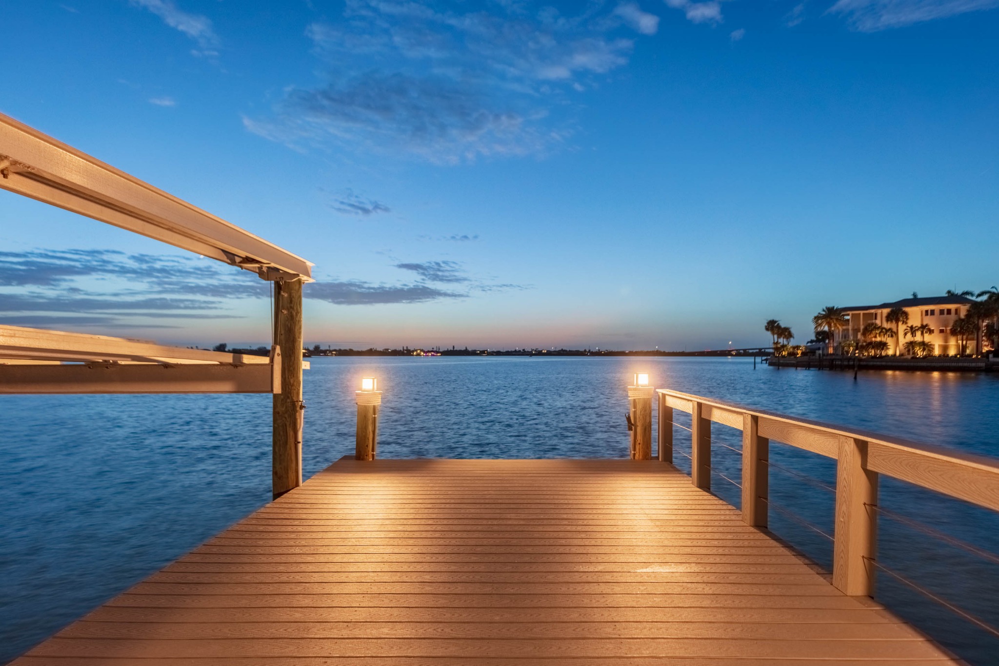 Illuminated composite dock at twilight